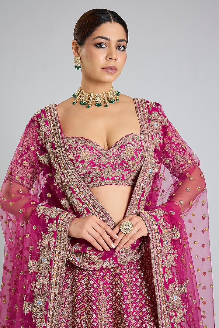 Rani Pink Raw Silk Bridal Lehenga Set by Kalighata at Pernia's Pop Up Shop