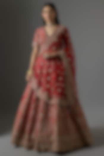 Red Raw Silk Zari Hand & Machine Embroidered Bridal Lehenga Set by Kalighata at Pernia's Pop Up Shop