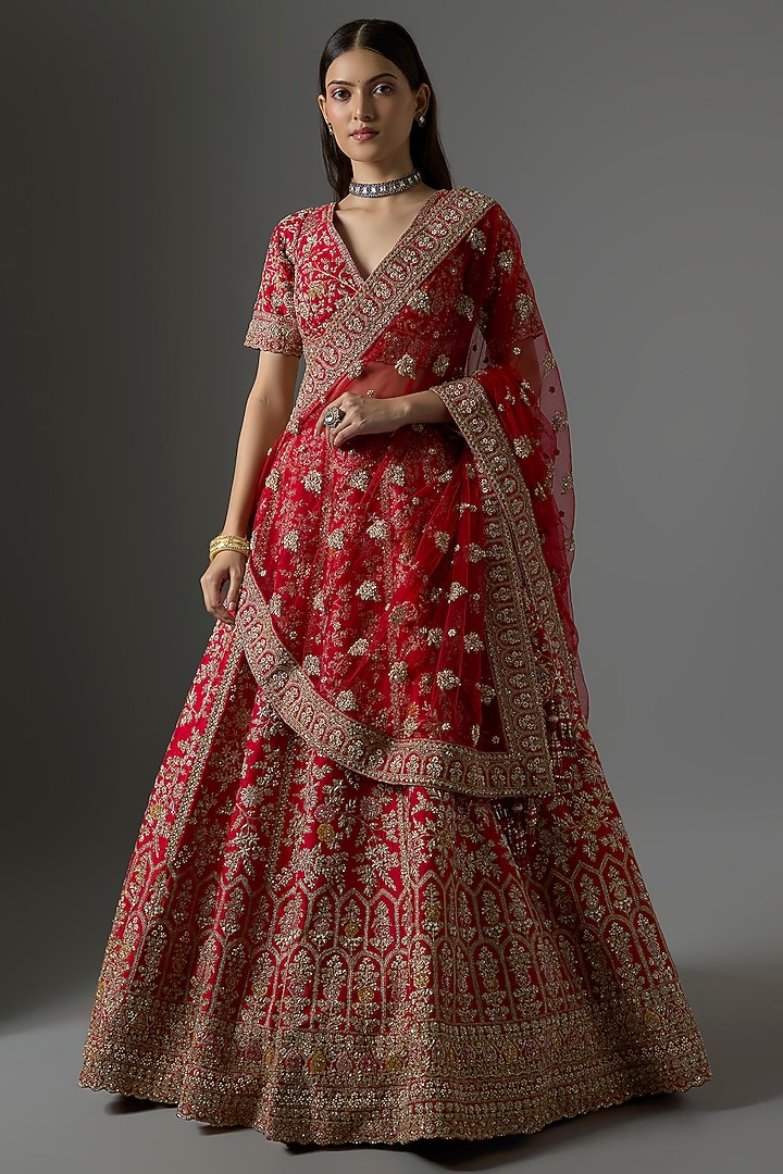 Red Raw Silk Zari Hand & Machine Embroidered Bridal Lehenga Set by Kalighata at Pernia's Pop Up Shop
