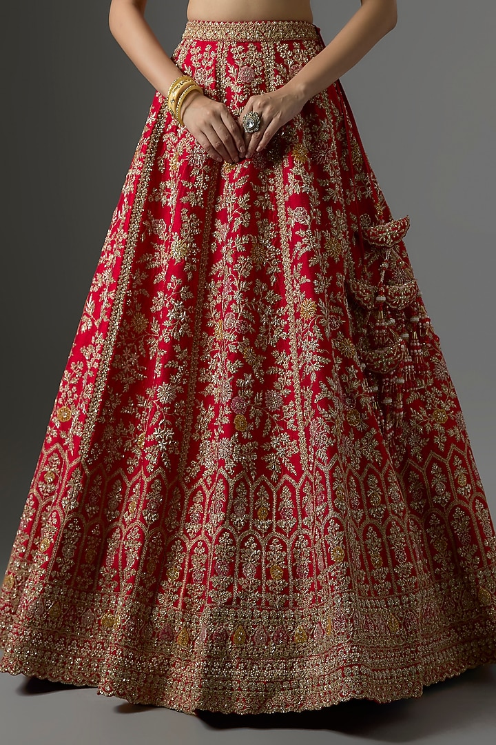 Red Raw Silk Zari Hand & Machine Embroidered Bridal Lehenga Set by Kalighata at Pernia's Pop Up Shop