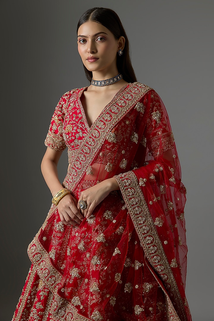 Red Raw Silk Zari Hand & Machine Embroidered Bridal Lehenga Set by Kalighata at Pernia's Pop Up Shop