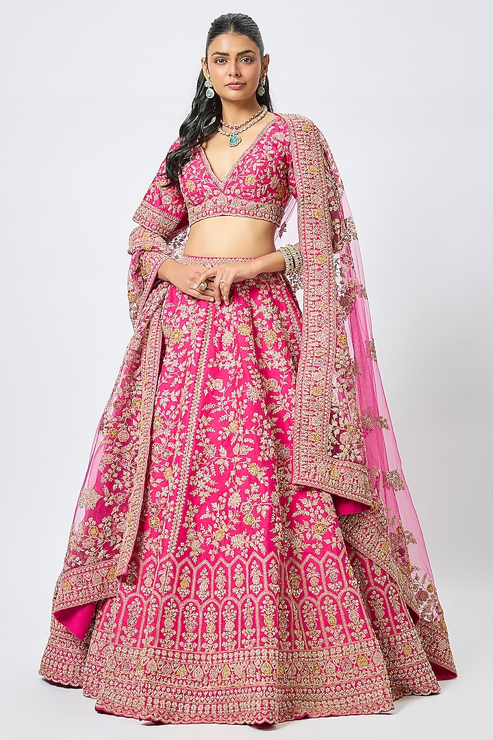 Rani Pink Raw Silk Cutdana Embroidered Bridal lehenga for 22 Lehenga Set by Kalighata at Pernia's Pop Up Shop
