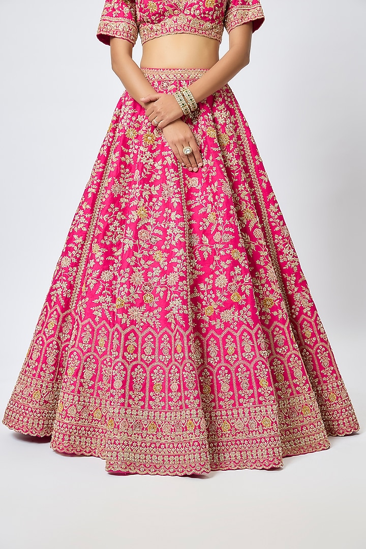 Rani Pink Raw Silk Cutdana Embroidered Bridal Lehenga Set by Kalighata at Pernia's Pop Up Shop