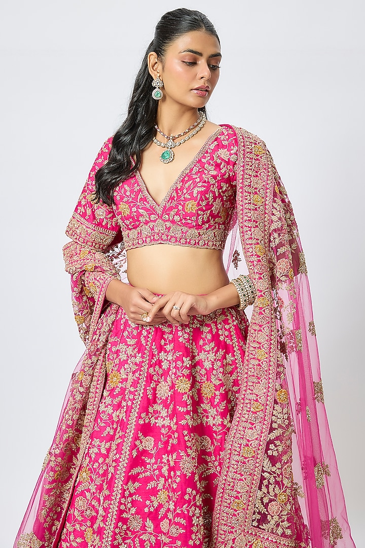 Rani Pink Raw Silk Cutdana Embroidered Bridal Lehenga Set by Kalighata at Pernia's Pop Up Shop