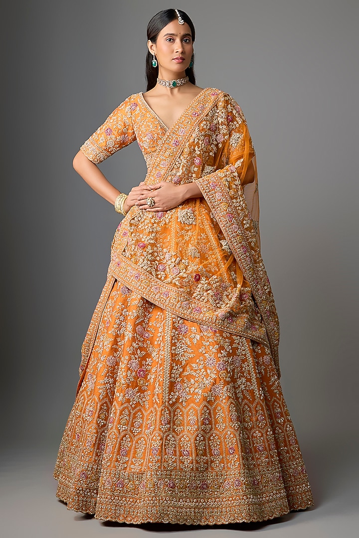Rust Raw Silk Embroidered Bridal Lehenga Set by Kalighata at Pernia's Pop Up Shop