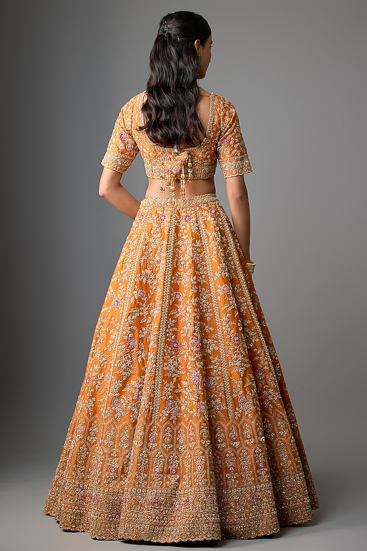Rust Raw Silk Embroidered Bridal Lehenga Set by Kalighata at Pernia's Pop Up Shop