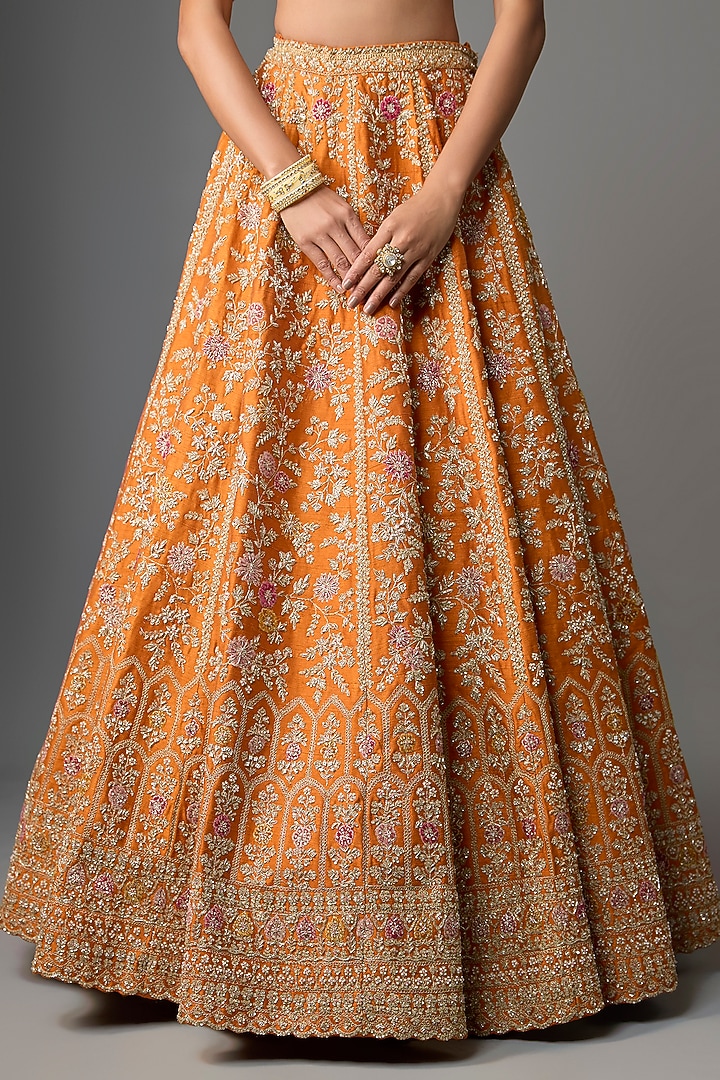 Rust Raw Silk Embroidered Bridal Lehenga Set by Kalighata at Pernia's Pop Up Shop