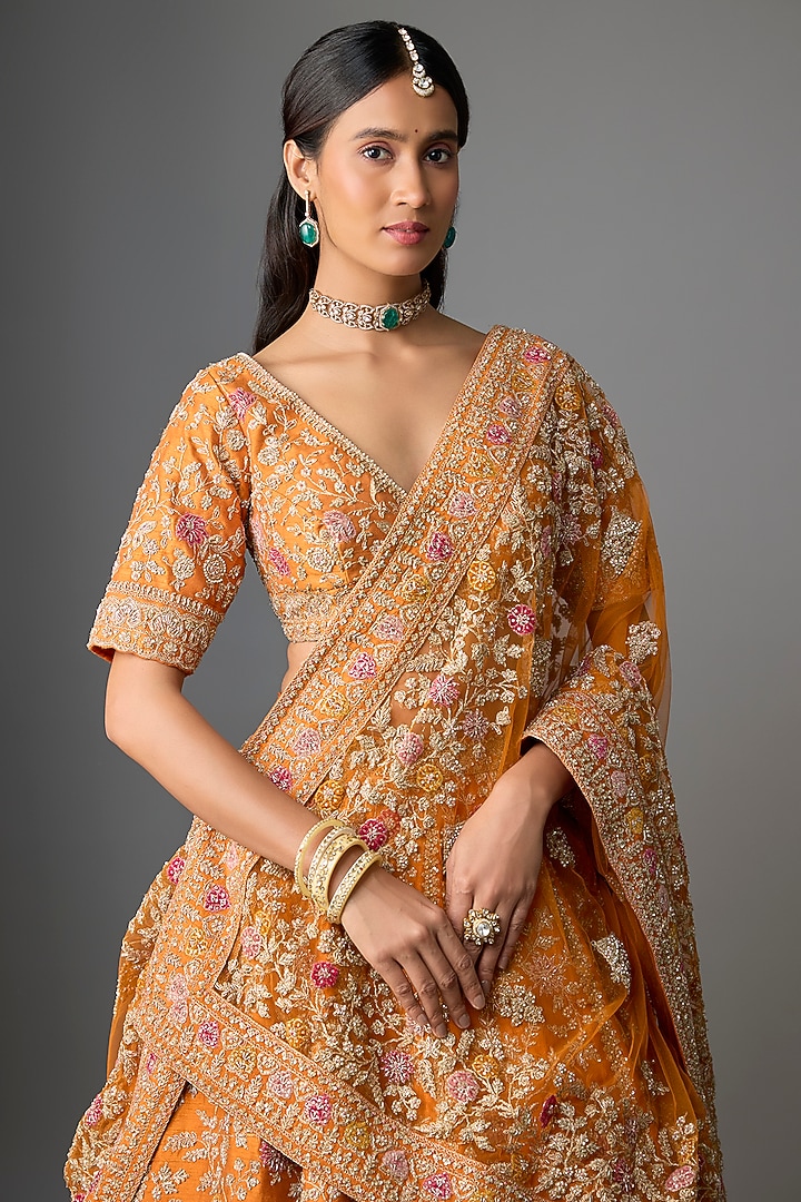 Rust Raw Silk Embroidered Bridal Lehenga Set by Kalighata at Pernia's Pop Up Shop