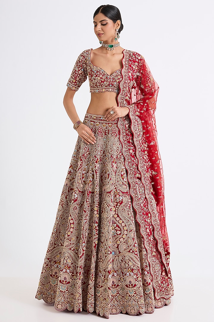 Red Raw Silk Zari Hand & Machine Embroidered Bridal Lehenga Set by Kalighata at Pernia's Pop Up Shop