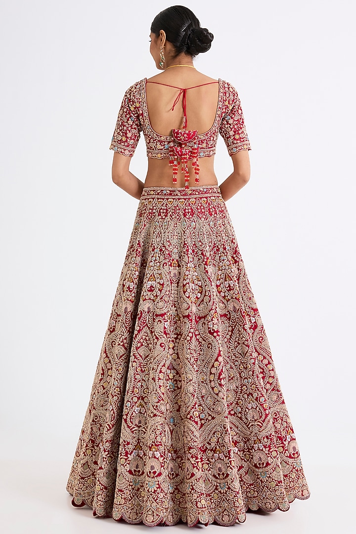 Red Raw Silk Zari Hand & Machine Embroidered Bridal Lehenga Set by Kalighata at Pernia's Pop Up Shop