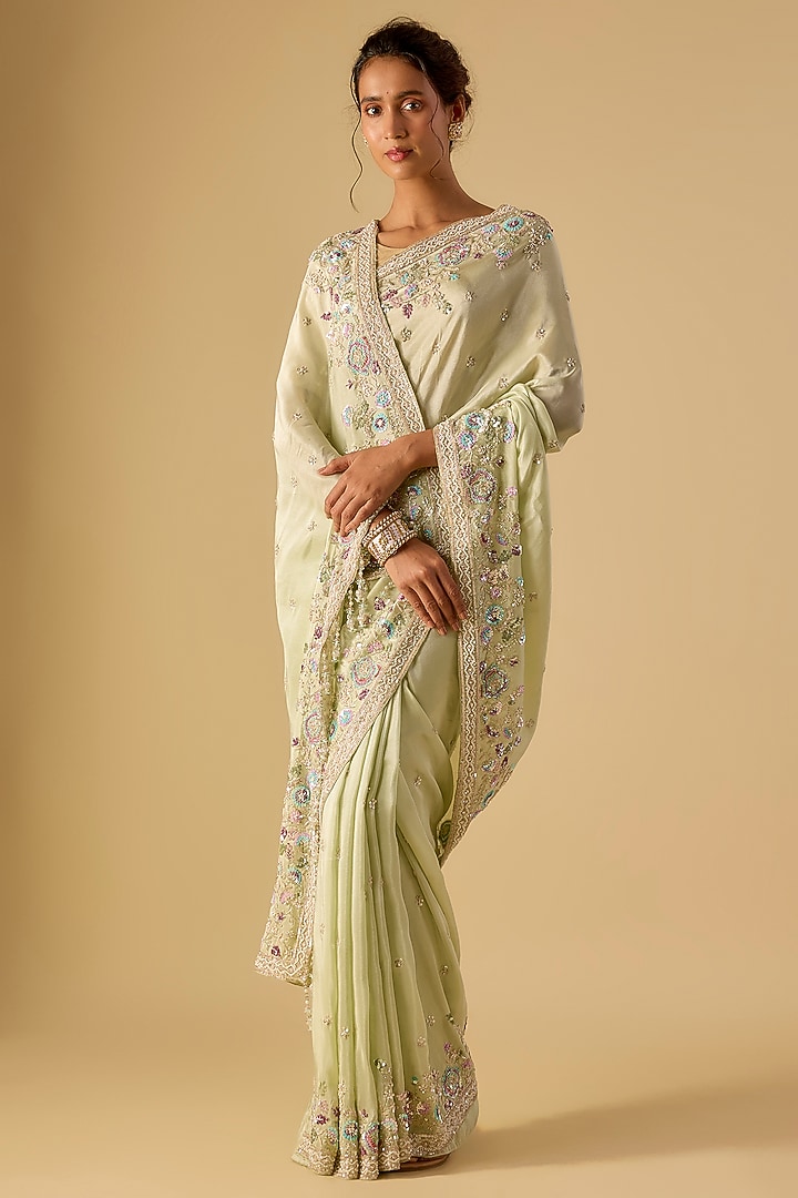 Mint Tissue Hand & Machine Embroidered Reception Saree by Kalighata at Pernia's Pop Up Shop