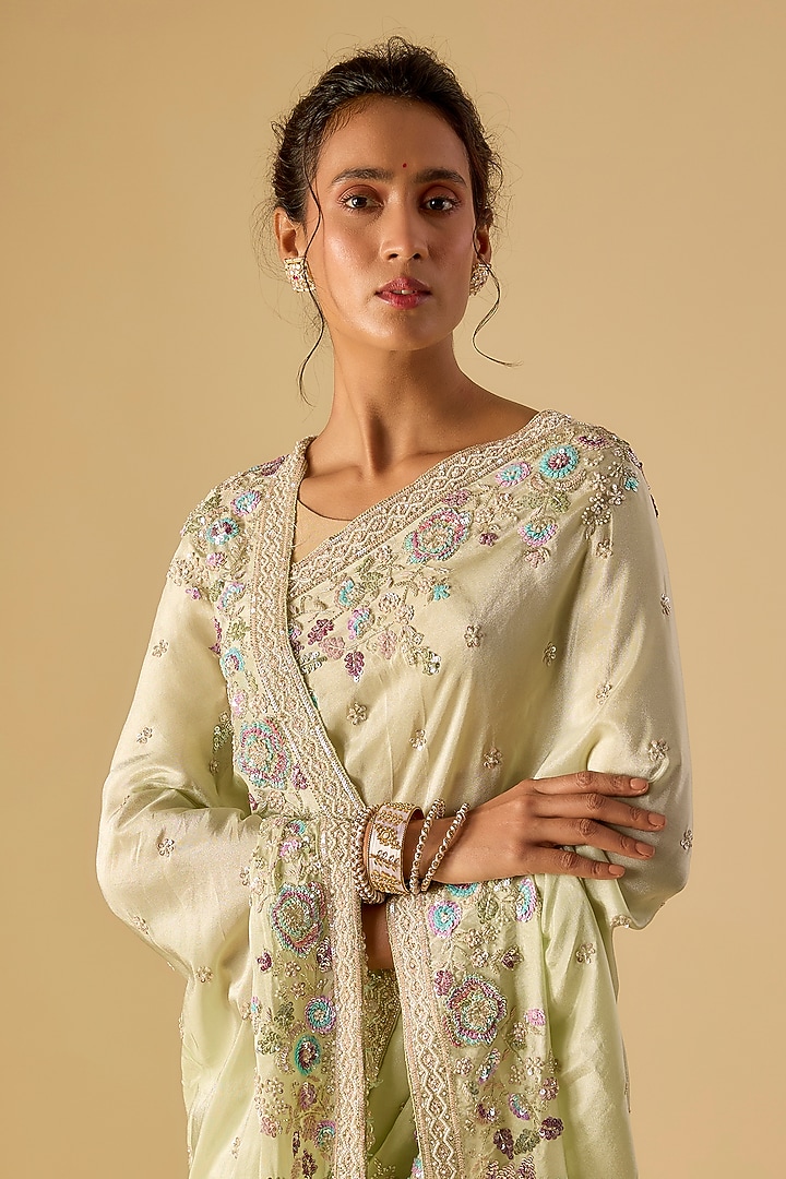 Mint Tissue Hand & Machine Embroidered Reception Saree by Kalighata at Pernia's Pop Up Shop