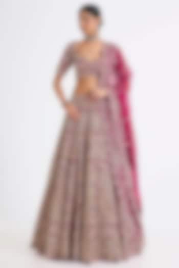Rani Pink Raw Silk Hand & Machine Embroidered Bridal Lehenga Set by Kalighata at Pernia's Pop Up Shop