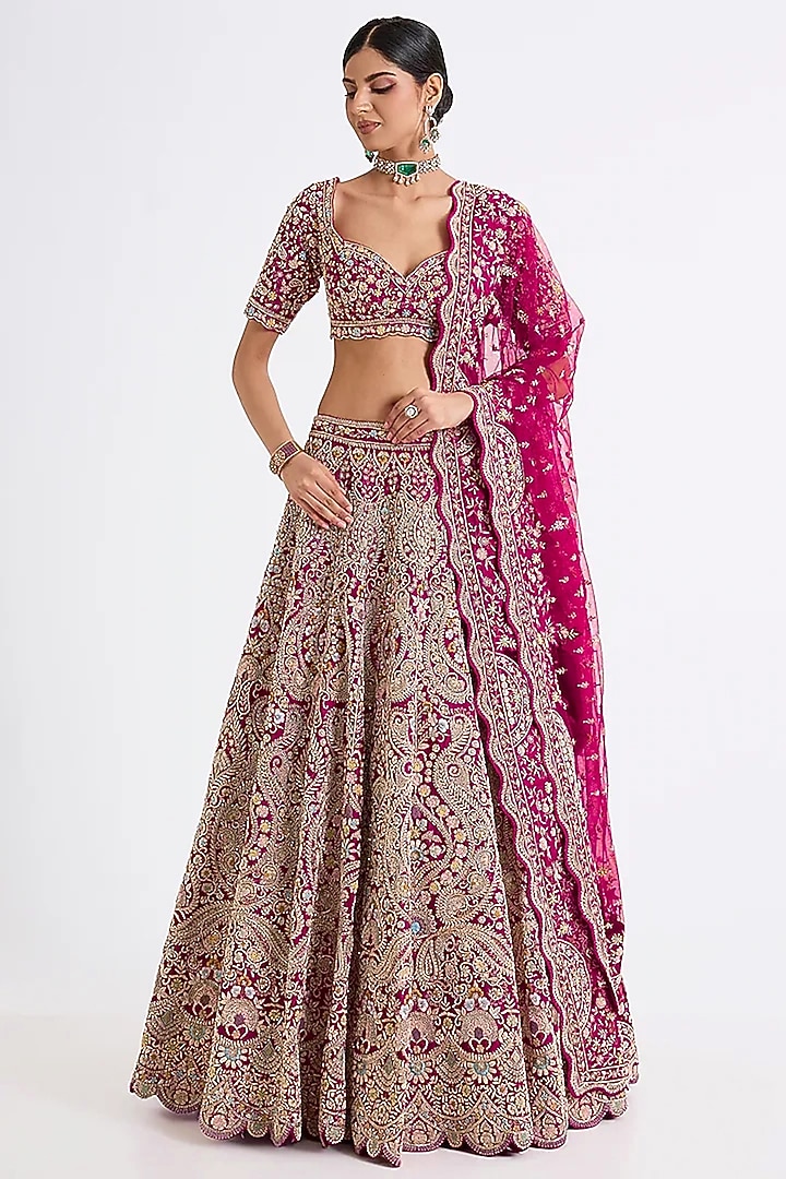 Rani Pink Raw Silk Hand & Machine Embroidered Bridal Lehenga Set by Kalighata at Pernia's Pop Up Shop