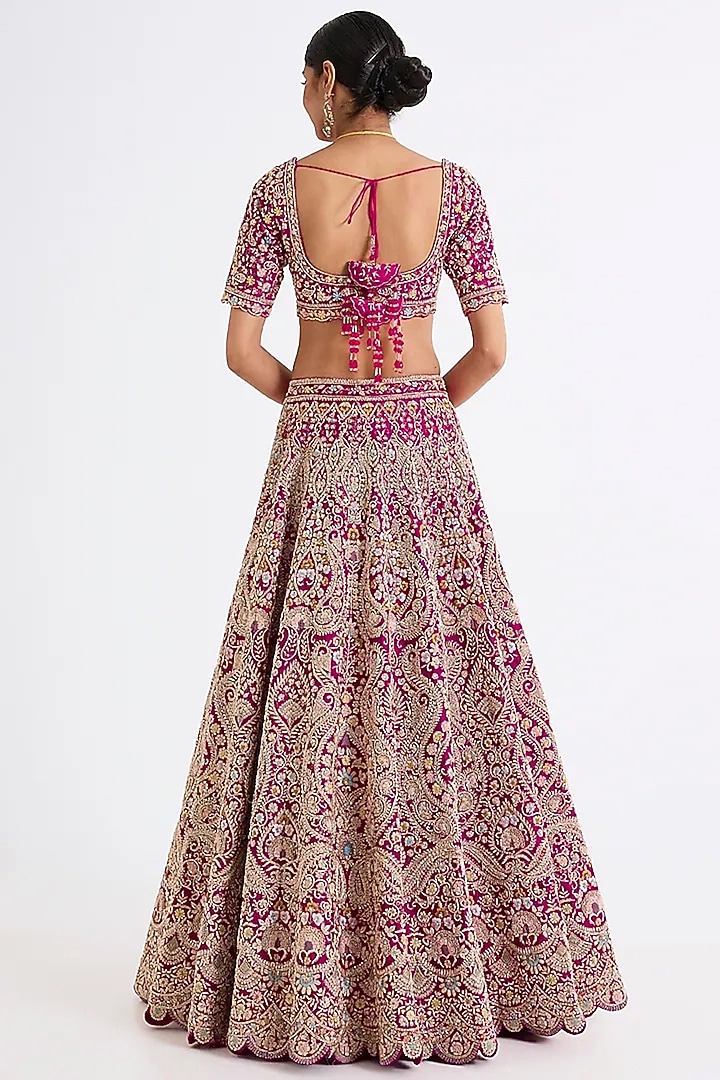 Rani Pink Raw Silk Hand & Machine Embroidered Bridal Lehenga Set by Kalighata at Pernia's Pop Up Shop