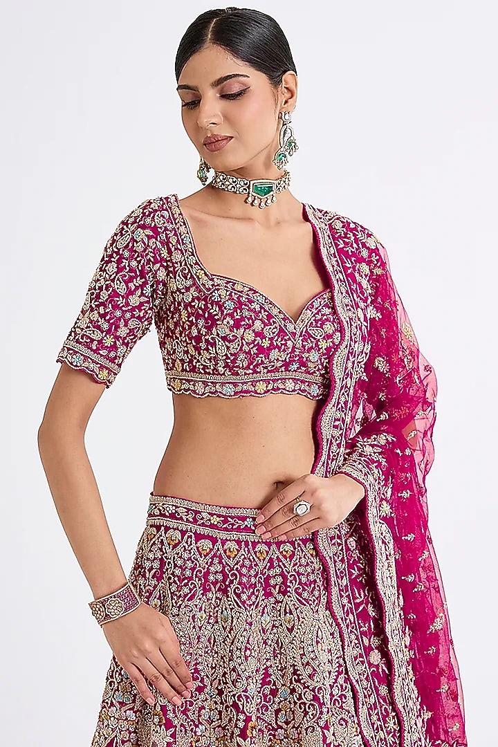 Rani Pink Raw Silk Hand & Machine Embroidered Bridal Lehenga Set by Kalighata at Pernia's Pop Up Shop