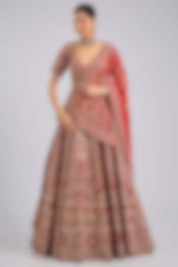 Red Raw Silk Bridal Lehenga Set by Kalighata at Pernia's Pop Up Shop