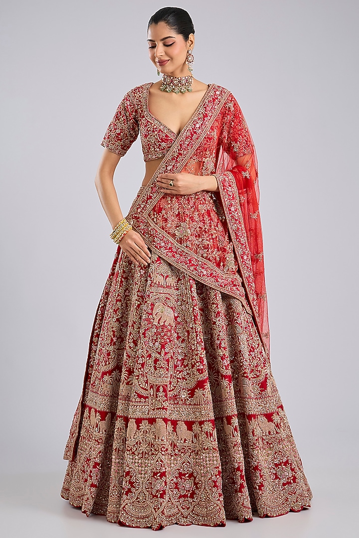 Red Raw Silk Bridal Lehenga Set by Kalighata at Pernia's Pop Up Shop
