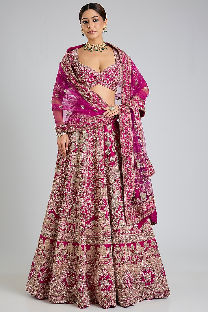 Rani Pink Raw Silk Bridal Lehenga Set by Kalighata at Pernia's Pop Up Shop