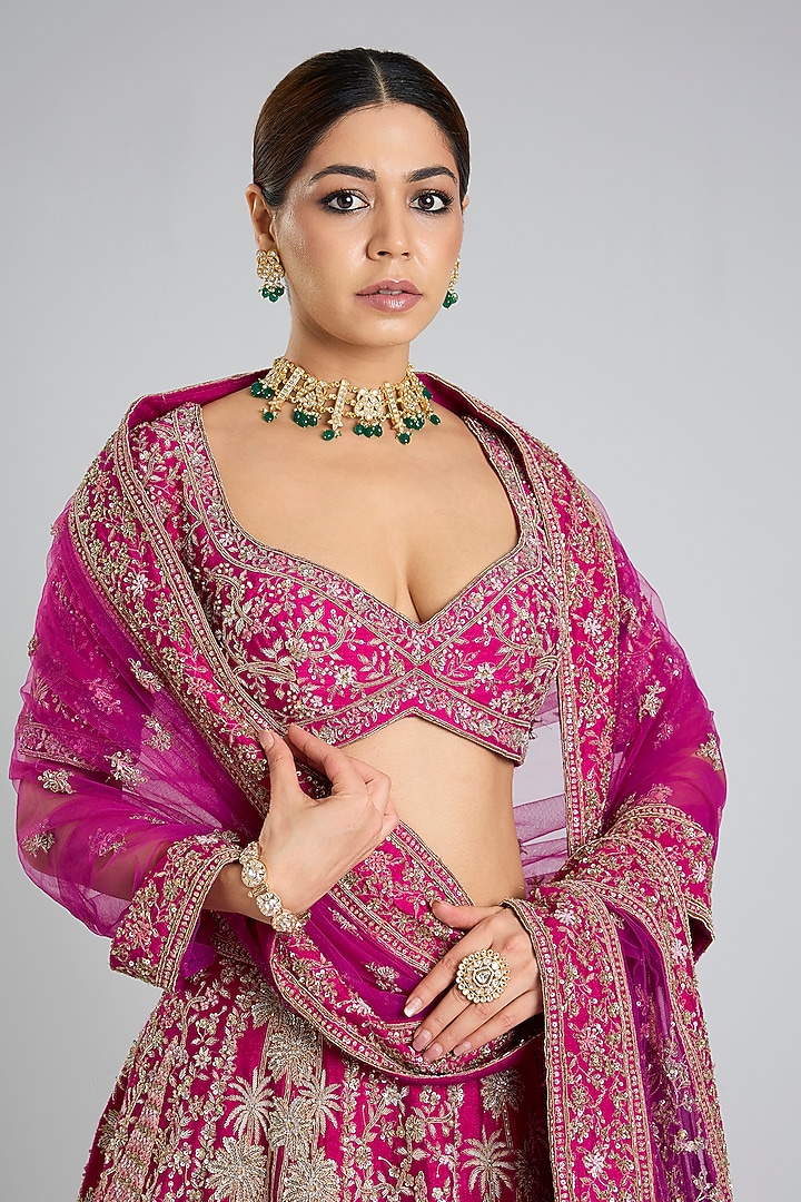 Rani Pink Raw Silk Bridal Lehenga Set by Kalighata at Pernia's Pop Up Shop