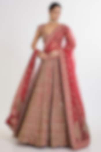 Red Raw Silk Hand Embellished Bridal Lehenga Set by Kalighata at Pernia's Pop Up Shop