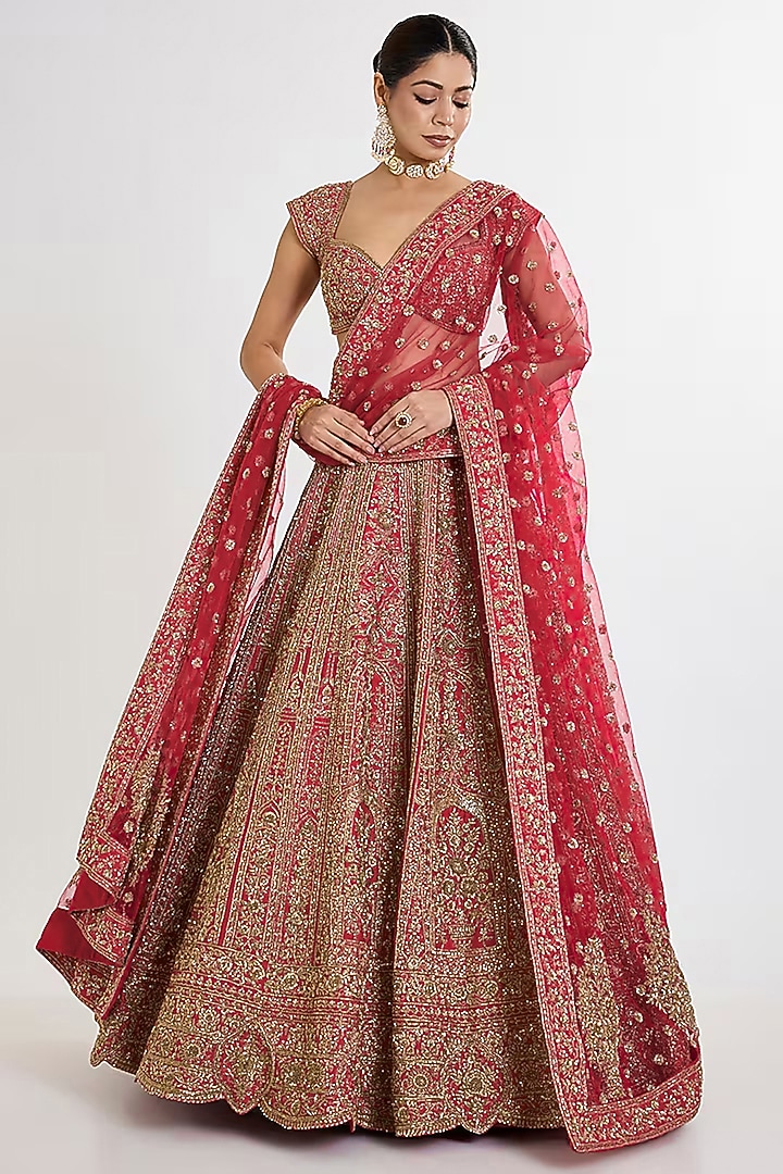 Red Raw Silk Hand Embellished Bridal Lehenga Set by Kalighata at Pernia's Pop Up Shop
