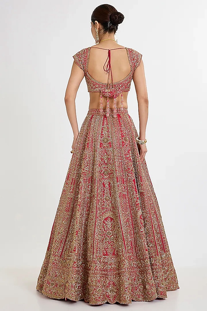 Red Raw Silk Hand Embellished Bridal Lehenga Set by Kalighata at Pernia's Pop Up Shop