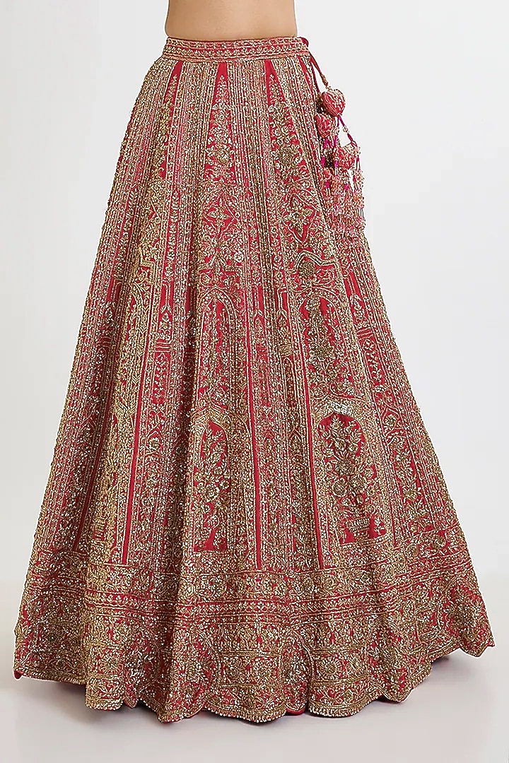 Red Raw Silk Hand Embellished Bridal Lehenga Set by Kalighata at Pernia's Pop Up Shop
