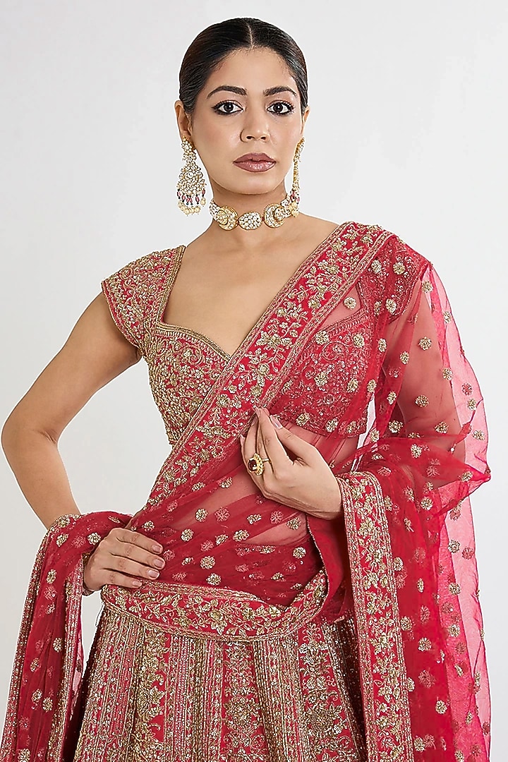 Red Raw Silk Hand Embellished Bridal Lehenga Set by Kalighata at Pernia's Pop Up Shop
