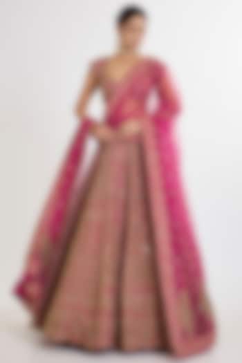 Rani Pink Raw Silk Cutdana Embroidered Bridal Lehenga Set by Kalighata at Pernia's Pop Up Shop