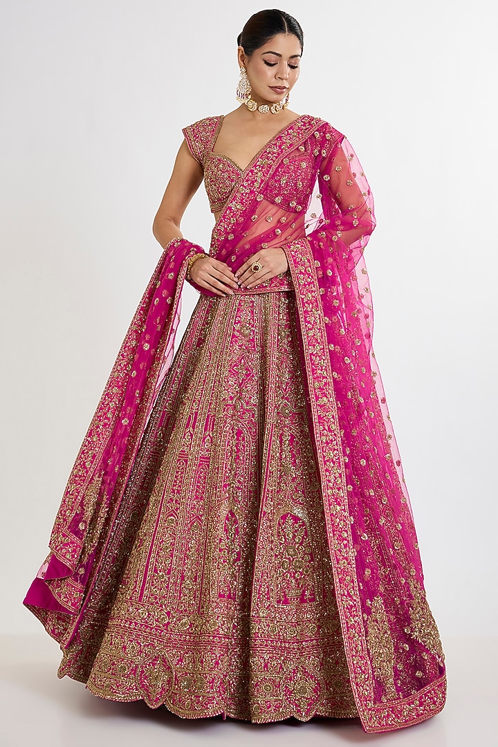 Rani Pink Raw Silk Cutdana Embroidered Bridal Lehenga Set by Kalighata at Pernia's Pop Up Shop