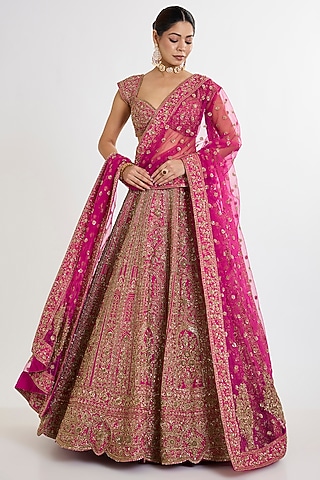 Rani Pink Raw Silk Cutdana Embroidered Lehenga Set by Kalighata