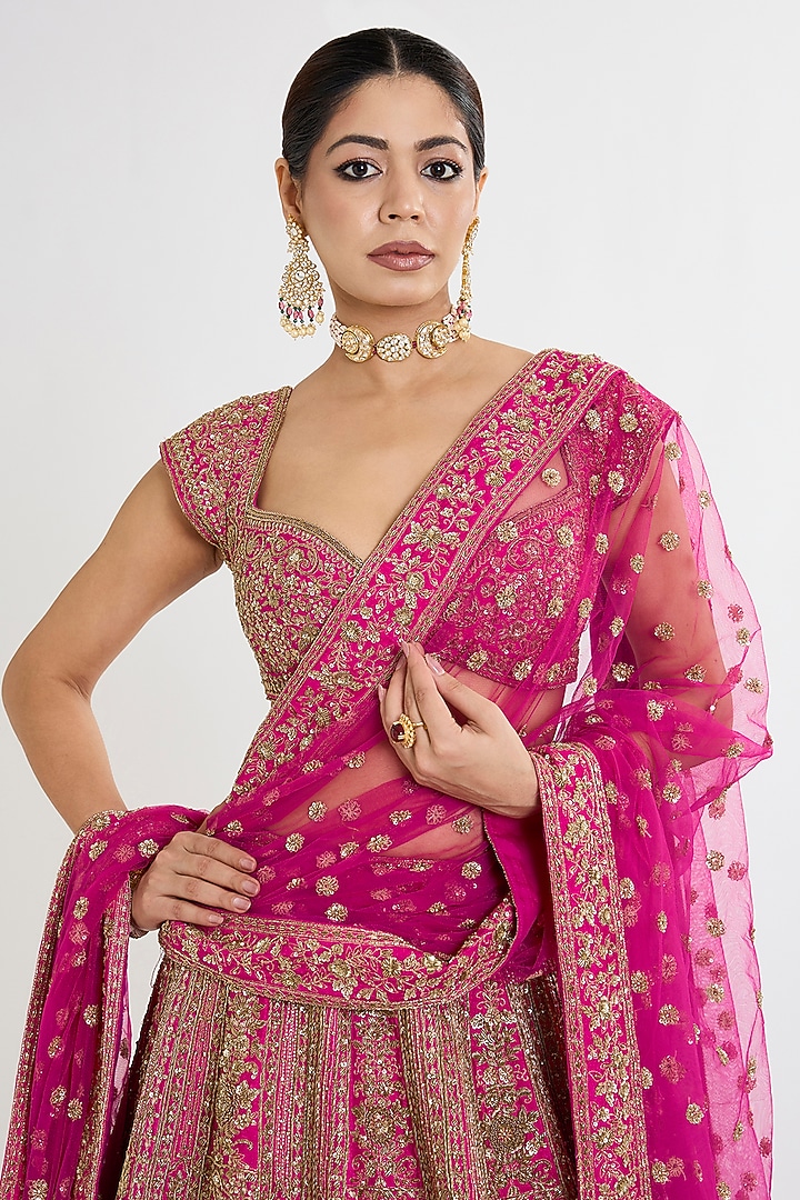Rani Pink Raw Silk Cutdana Embroidered Bridal Lehenga Set by Kalighata at Pernia's Pop Up Shop