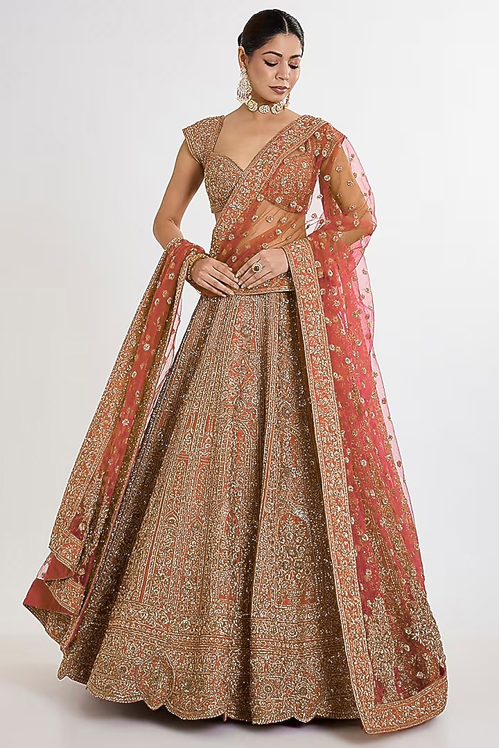 Rust Raw Silk Hand Embellished Bridal Lehenga Set by Kalighata at Pernia's Pop Up Shop
