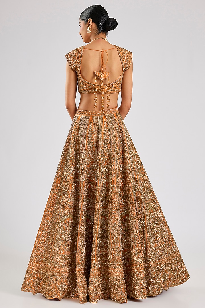 Rust Raw Silk Embroidered Bridal Lehenga Set by Kalighata at Pernia's Pop Up Shop