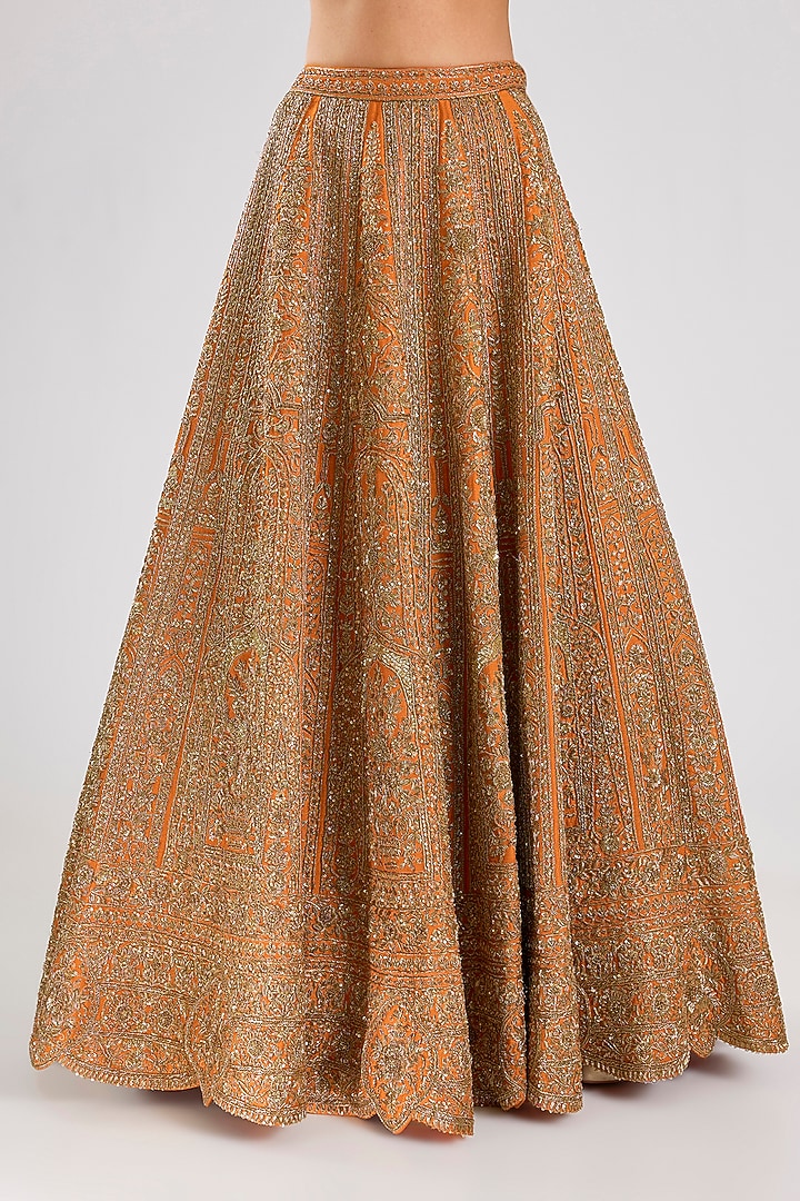 Rust Raw Silk Embroidered Bridal Lehenga Set by Kalighata at Pernia's Pop Up Shop