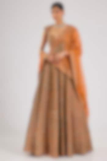Rust Raw Silk Embroidered Bridal Lehenga Set by Kalighata at Pernia's Pop Up Shop