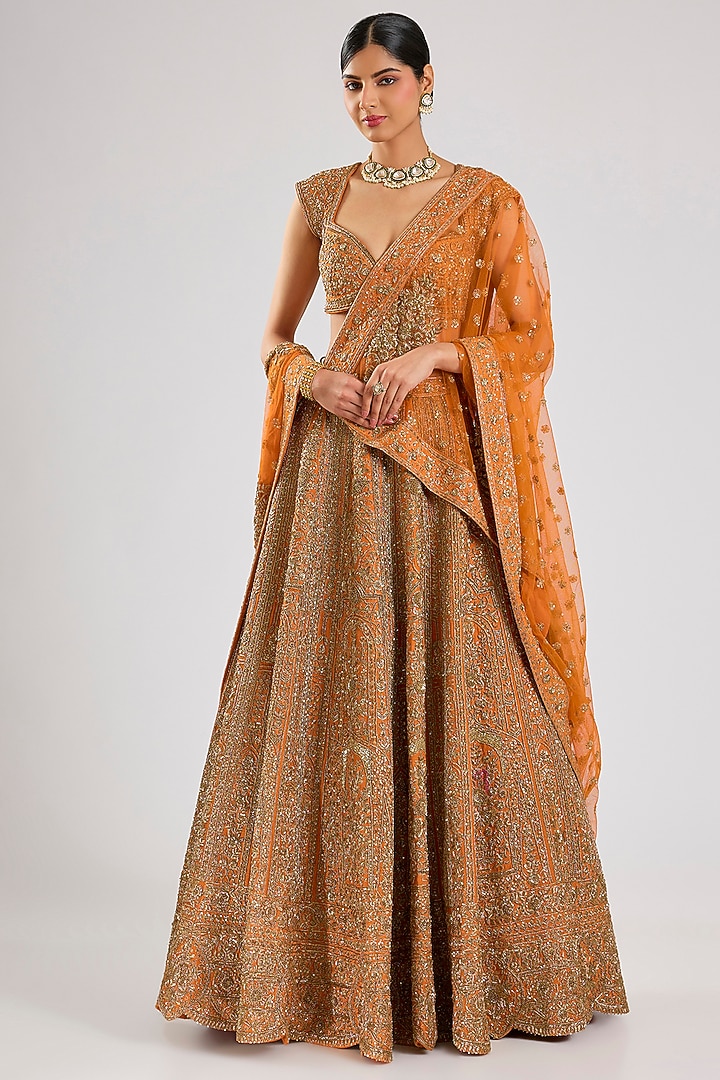 Rust Raw Silk Embroidered Bridal Lehenga Set by Kalighata at Pernia's Pop Up Shop