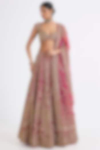 Red Raw Silk Hand & Machine Embroidered Bridal Lehenga Set by Kalighata at Pernia's Pop Up Shop