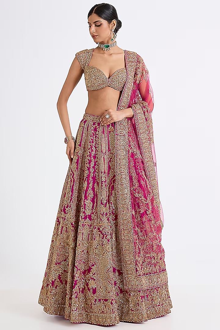 Red Raw Silk Hand & Machine Embroidered Bridal Lehenga Set by Kalighata at Pernia's Pop Up Shop