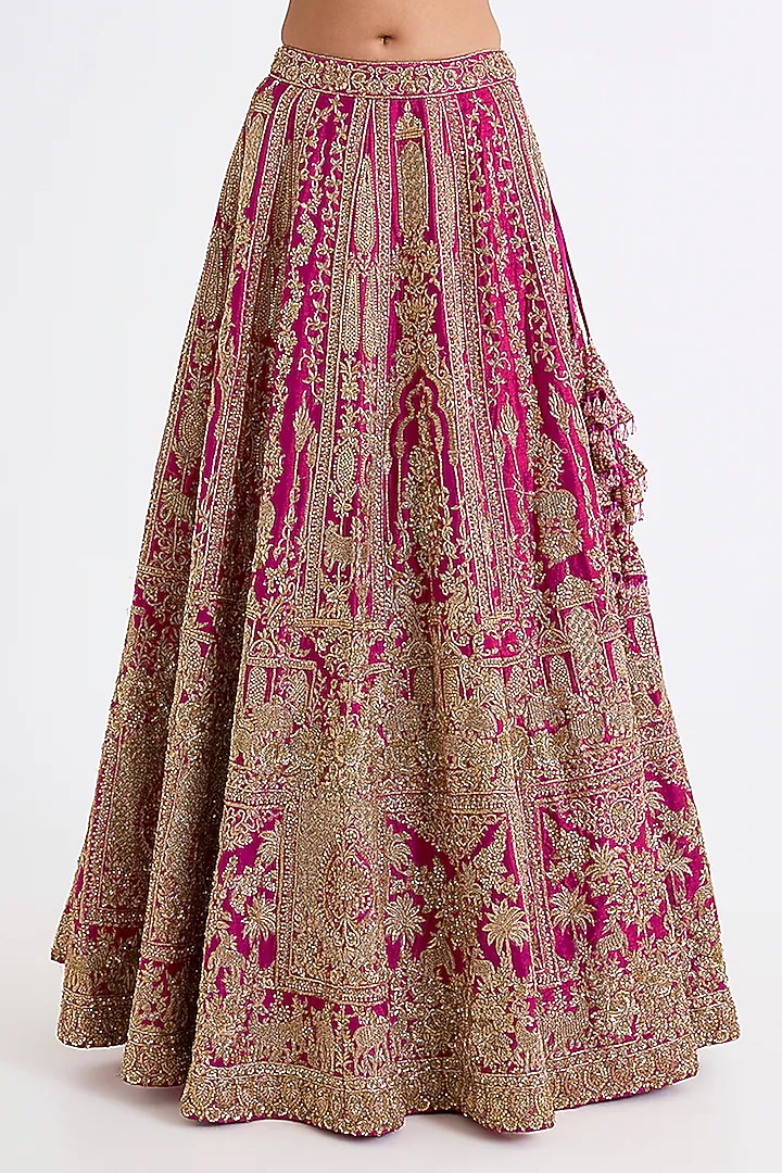 Red Raw Silk Hand & Machine Embroidered Bridal Lehenga Set by Kalighata at Pernia's Pop Up Shop