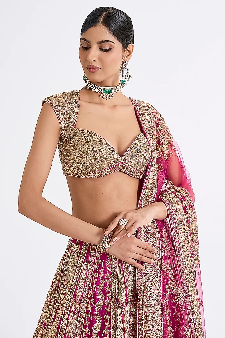 Red Raw Silk Hand & Machine Embroidered Bridal Lehenga Set by Kalighata at Pernia's Pop Up Shop
