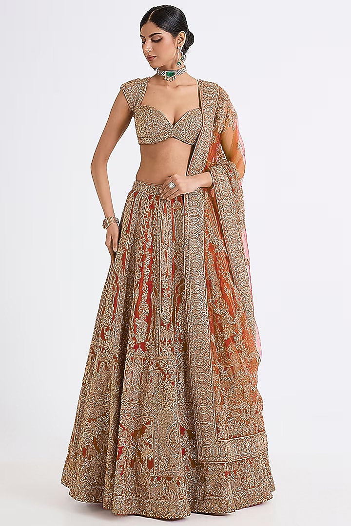Rust Raw Silk Hand & Machine Embroidered Bridal Lehenga Set by Kalighata at Pernia's Pop Up Shop