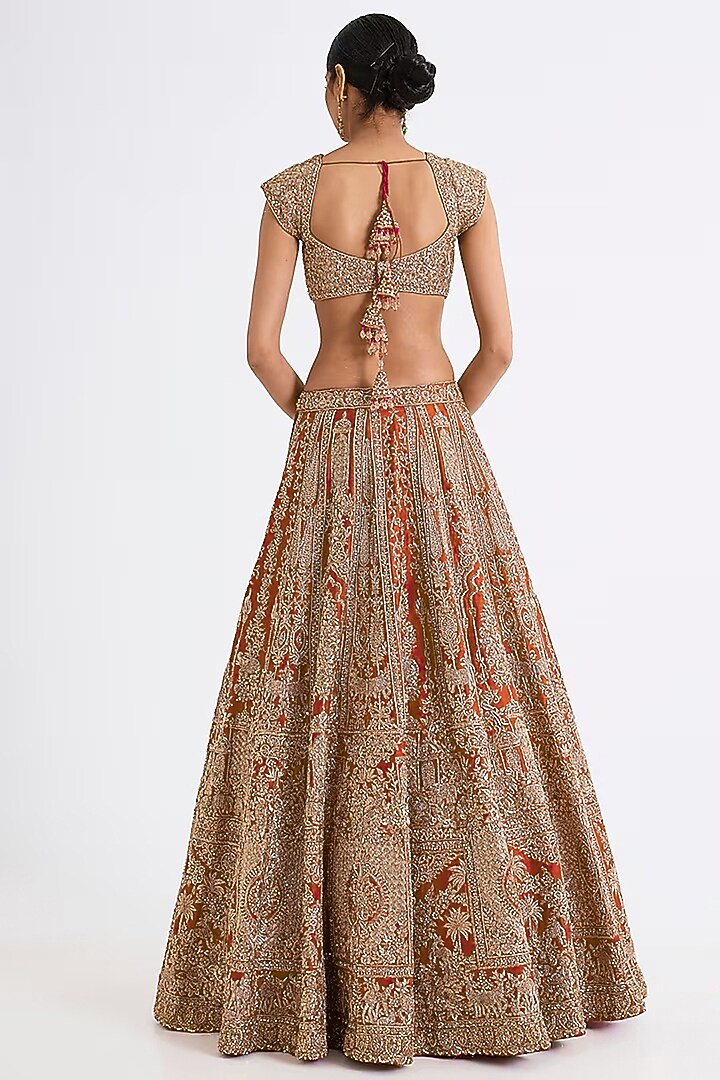 Rust Raw Silk Hand & Machine Embroidered Bridal Lehenga Set by Kalighata at Pernia's Pop Up Shop