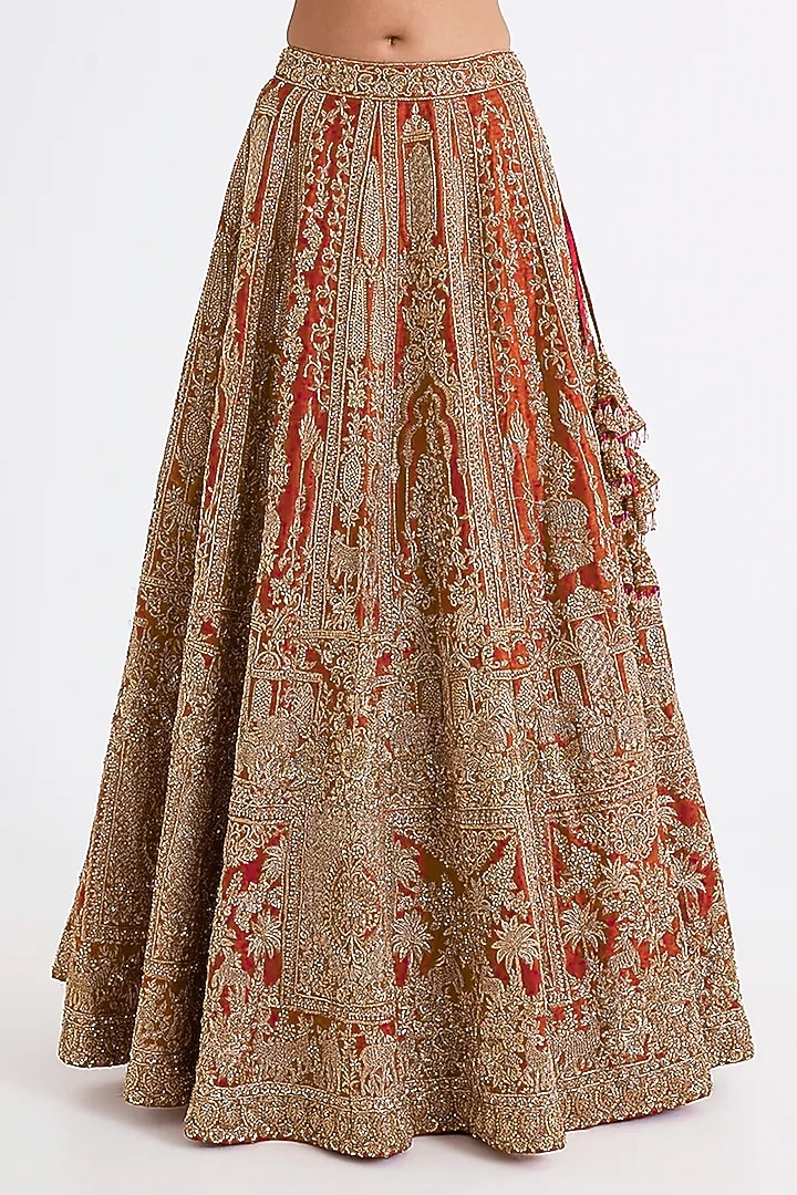 Rust Raw Silk Hand & Machine Embroidered Bridal Lehenga Set by Kalighata at Pernia's Pop Up Shop