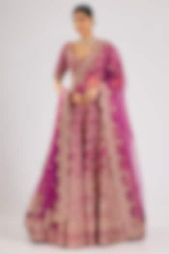 Rani Pink Raw Silk Embroidered Bridal Lehenga Set by Kalighata at Pernia's Pop Up Shop