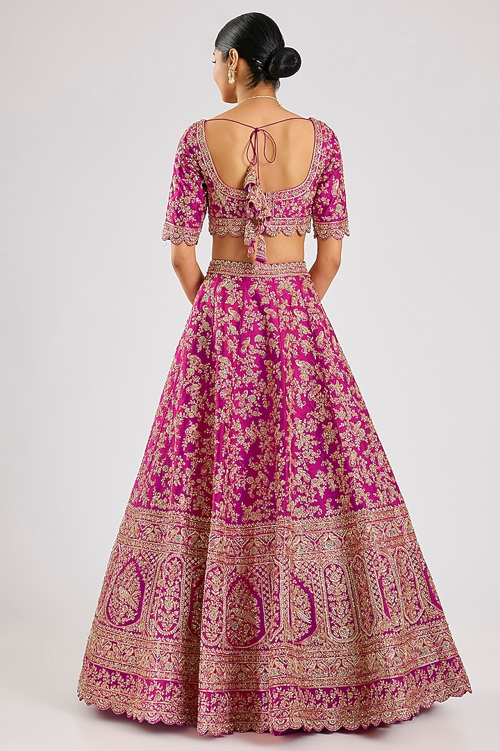 Rani Pink Raw Silk Embroidered Bridal Lehenga Set by Kalighata at Pernia's Pop Up Shop