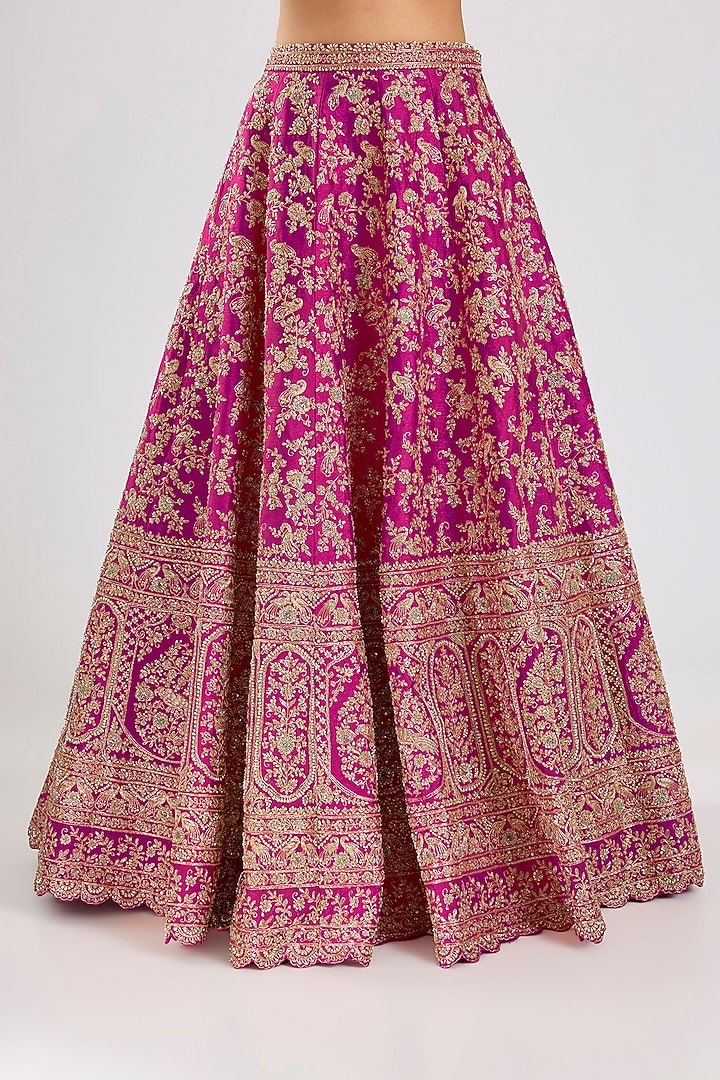 Rani Pink Raw Silk Embroidered Bridal Lehenga Set by Kalighata at Pernia's Pop Up Shop