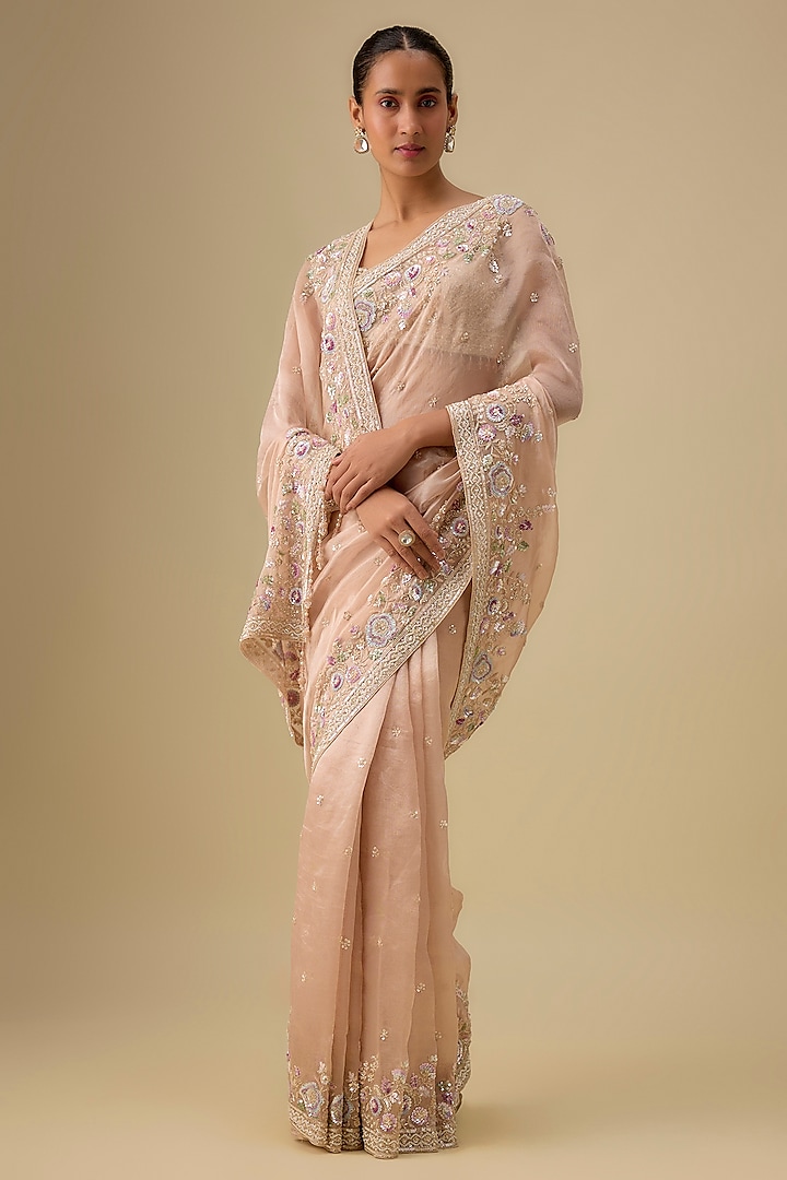 Gold Tissue Hand & Machine Embroidered Reception Saree Set by Kalighata at Pernia's Pop Up Shop