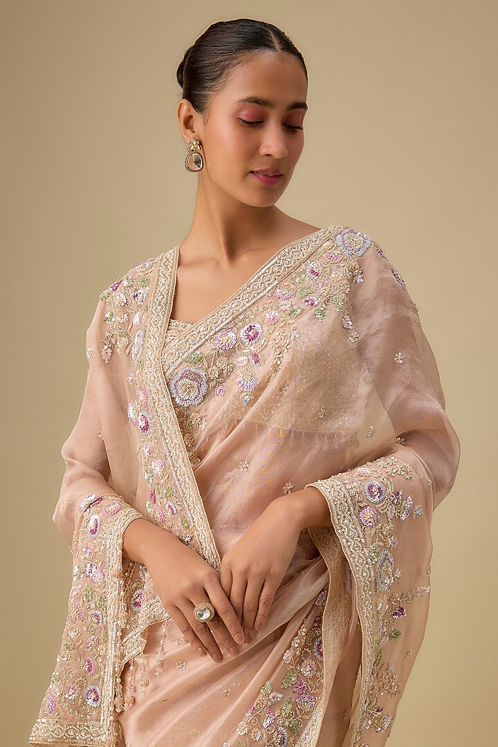 Gold Tissue Hand & Machine Embroidered Reception Saree Set by Kalighata at Pernia's Pop Up Shop